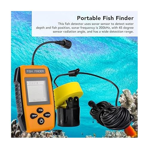  Portable Fish Finder with Sonar Sensor LCD Display 200kHz Ultrasonic Underwater Fish Finder Fish Location Water Depth Finder for Sea Fishing Offshore Ice Fishing