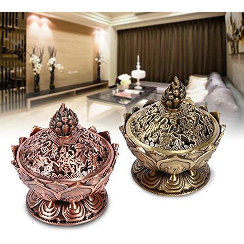  인센스스틱 Walfront Lotus Incense Burner 9 Holes Vintage Incense Burner Cover Lotus Flower Shaped Incense Holder for Stick and Cone Incense(Red Bronze)