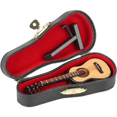  Walfront Miniature Guitar Model,Miniature Wooden Guitar Model and Case Mini Musical Instrument Replica Collectible Miniature Dollhouse Display Mini Musical Ornaments Craft Home Decor