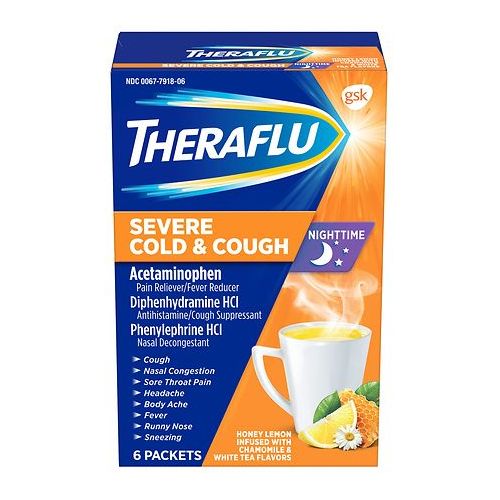 월그린 Walgreens TheraFlu Nighttime Severe Cold & Cough Packets Honey Lemon Infused with Chamomile & White Tea