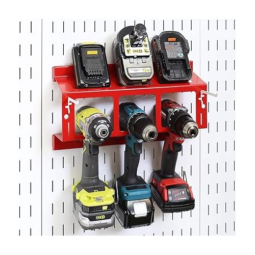  Wall Control Drill Holder Power Tool Storage Rack - Compact Impact Drill Battery Power Tool Pegboard Organizer Pegboard (Red)