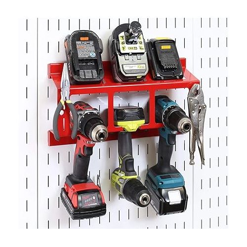  Wall Control Drill Holder Power Tool Storage Rack - Compact Impact Drill Battery Power Tool Pegboard Organizer Pegboard (Red)