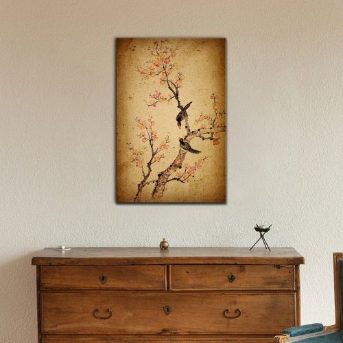  Wall26 wall26 Canvas Wall Art - Traditional Chinese Painting of Flowers, Plum Blossom and Two Birds on Tree - Gallery Wrap Modern Home Decor | Ready to Hang - 16x24 inches