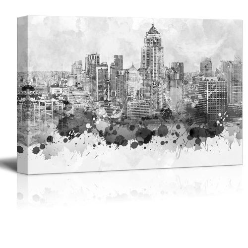  Wall26 wall26 - Black and White City of Bangkok in Thailand with Watercolor Splotches - Canvas Art Home Decor - 24x36 inches