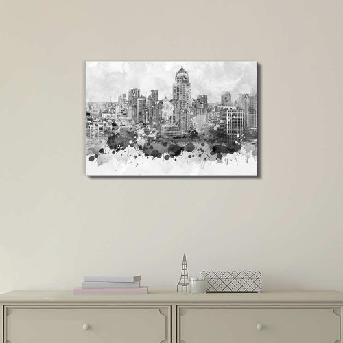  Wall26 wall26 - Black and White City of Bangkok in Thailand with Watercolor Splotches - Canvas Art Home Decor - 24x36 inches