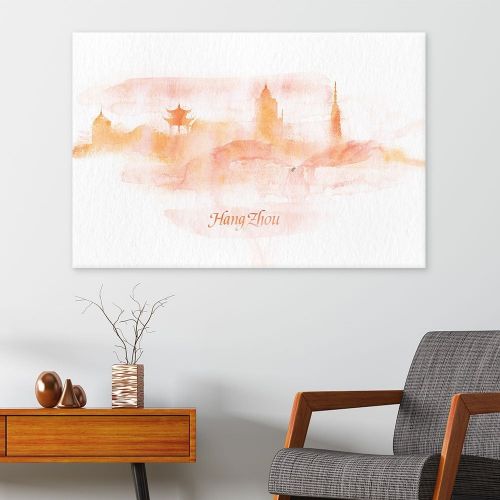  Wall26 wall26 Canvas Wall Art - Impressionism Watercolor Style City Landscape of Hangzhou - Giclee Print Gallery Wrap Modern Home Decor Ready to Hang - 32x48 inches