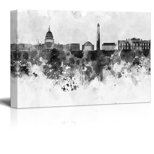  Wall26 wall26 Black and White City of Washington DC with Watercolor Splotches - Canvas Art Home Decor - 12x18 inches