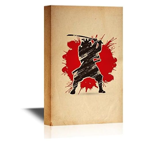  wall26 - Japanese Culture Canvas Wall Art - Japanese Ninja on Abstract Background - Gallery Wrap Modern Home Art Ready to Hang - 16x24 inches