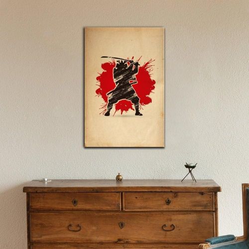  wall26 - Japanese Culture Canvas Wall Art - Japanese Ninja on Abstract Background - Gallery Wrap Modern Home Art Ready to Hang - 16x24 inches