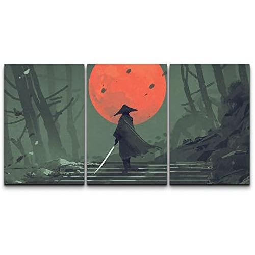  wall26 - 3 Piece Canvas Wall Art - Illustration - Samurai Standing on Stairway in Night Forest - Modern Home Art Stretched and Framed Ready to Hang - 16x24x3 Panels