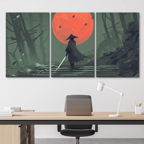  wall26 - 3 Piece Canvas Wall Art - Illustration - Samurai Standing on Stairway in Night Forest - Modern Home Art Stretched and Framed Ready to Hang - 16x24x3 Panels
