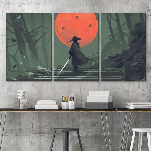  wall26 - 3 Piece Canvas Wall Art - Illustration - Samurai Standing on Stairway in Night Forest - Modern Home Art Stretched and Framed Ready to Hang - 16x24x3 Panels