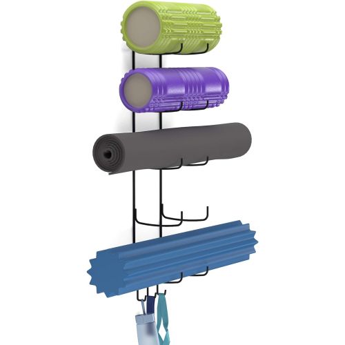  Wallniture Guru Yoga Mat Holder Wall Mount with 3 Hooks for Hanging Yoga Strap, Resistance Bands, 5-Sectional Metal