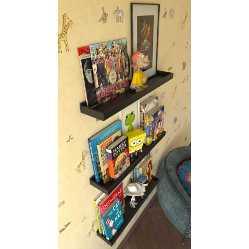  Wallniture Nursery Room Wall Shelf - Floating Book Shelves Decor for Kids Room - 23 Inch Picture Ledge Tray Toy Storage Display Black Set of 2