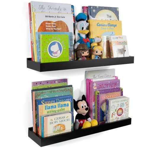  Wallniture Nursery Room Wall Shelf - Floating Book Shelves Decor for Kids Room - 23 Inch Picture Ledge Tray Toy Storage Display Black Set of 2