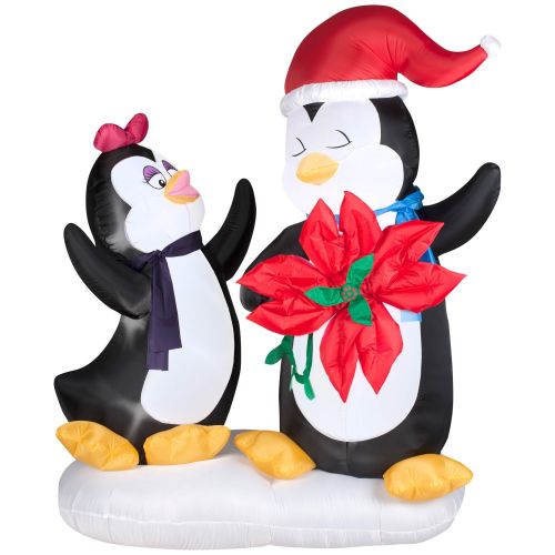  Gemmy Industries Gemmy Airblown Animated Penguin Couple with Poinsettia Flower Inflatable