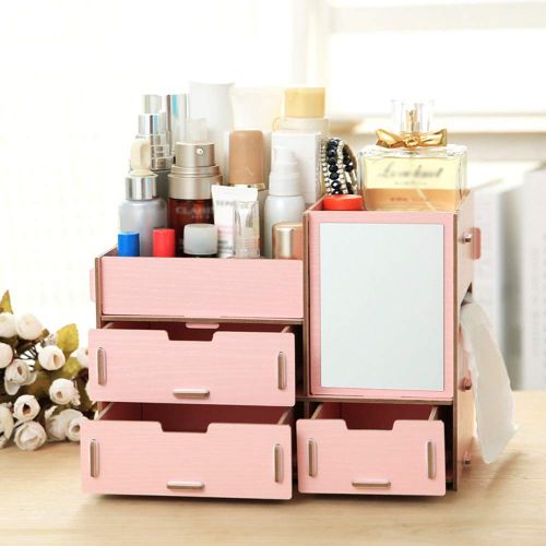  Walmeck Multifunctional Desk Organizer Desktop Storage Box Wooden Makeup Organizer Case with Mirror Multi Drawers Large Capacity Jewelry Container Cosmetic Storage Box