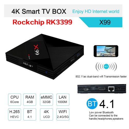  Walmeck Smart Android TV Box,X99,Android 7.1 RK3399 Six Core 4G32G UHD 4K VP9 H.265 2.4G5G WiFi 1000M LAN BT4.1 HDR10 HD Media Player,2.4G Air Mouse Remote Control US Plug