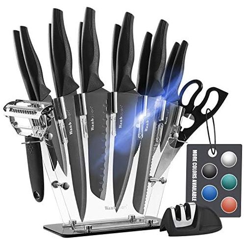  [아마존베스트]Wanbasion Black 16 Pieces Kitchen Knife Set Dishwasher Safe, Professional Chef Kitchen Knife Set, Kitchen Knife Set Stainless Steel with Knife Sharpener Peeler Scissors Acrylic Blo