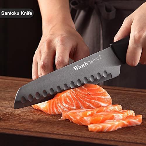  [아마존베스트]Wanbasion Black 16 Pieces Kitchen Knife Set Dishwasher Safe, Professional Chef Kitchen Knife Set, Kitchen Knife Set Stainless Steel with Knife Sharpener Peeler Scissors Acrylic Blo