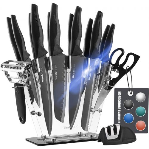  [아마존베스트]Wanbasion Black 16 Pieces Kitchen Knife Set Dishwasher Safe, Professional Chef Kitchen Knife Set, Kitchen Knife Set Stainless Steel with Knife Sharpener Peeler Scissors Acrylic Blo