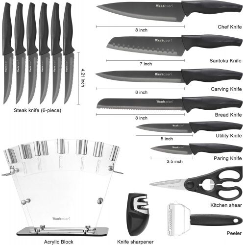  [아마존베스트]Wanbasion Black 16 Pieces Kitchen Knife Set Dishwasher Safe, Professional Chef Kitchen Knife Set, Kitchen Knife Set Stainless Steel with Knife Sharpener Peeler Scissors Acrylic Blo