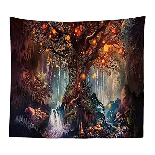  Marke: Wandlovers Magisch Baum des Lebens Laternen Fantasie Wandteppich Psychedelisch Wald Wasserfall mit Elf Marchen Wandbehang Tapisserie Natur Wunderland Wanddecke Zuhause Schlafzimmer Wand Dekor