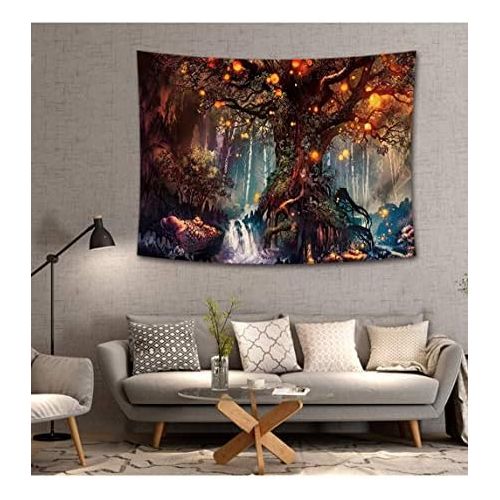  Marke: Wandlovers Magisch Baum des Lebens Laternen Fantasie Wandteppich Psychedelisch Wald Wasserfall mit Elf Marchen Wandbehang Tapisserie Natur Wunderland Wanddecke Zuhause Schlafzimmer Wand Dekor