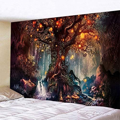  Marke: Wandlovers Magisch Baum des Lebens Laternen Fantasie Wandteppich Psychedelisch Wald Wasserfall mit Elf Marchen Wandbehang Tapisserie Natur Wunderland Wanddecke Zuhause Schlafzimmer Wand Dekor