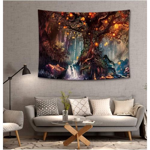  Marke: Wandlovers Magisch Baum des Lebens Laternen Fantasie Wandteppich Psychedelisch Wald Wasserfall mit Elf Marchen Wandbehang Tapisserie Natur Wunderland Wanddecke Zuhause Schlafzimmer Wand Dekor