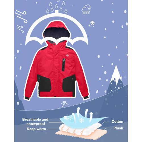  Wantdo Boys Ski Jacket Waterproof Thick Winter Coat with Hood for Skiing Skating Hiking