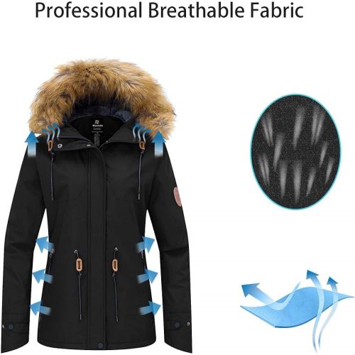  Wantdo Womens Waterproof Ski Jacket Fleece Lined Mountain Parka Hooded Windproof Raincoat Windbreaker Outdoors