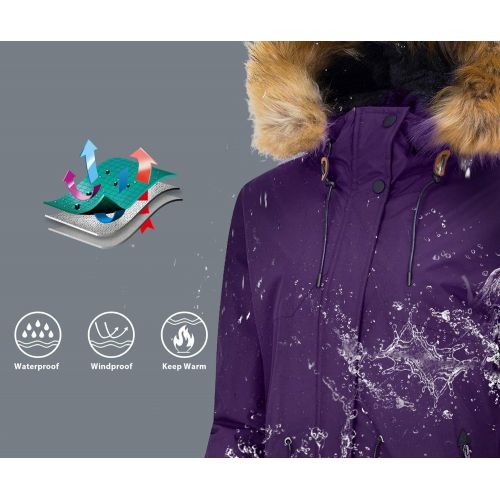  Wantdo Womens Waterproof Ski Jacket Fleece Lined Mountain Parka Hooded Windproof Raincoat Windbreaker Outdoors