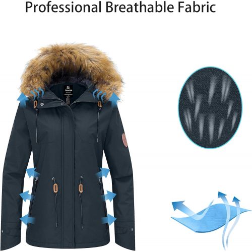  Wantdo Womens Waterproof Ski Jacket Fleece Lined Mountain Parka Hooded Windproof Raincoat Windbreaker Outdoors