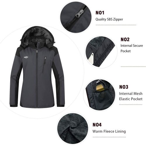  Wantdo Womens Waterproof Ski Fleece Jacket Windproof Winter Coat Hooded Raincoat Insulated Mountain Windbreaker