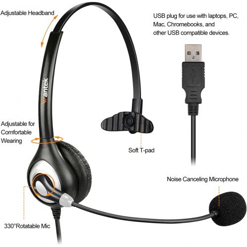  [아마존베스트]Corded USB Headsets Mono with Noise Cancelling Mic and in-line Controls, Wantek UC Business Headset for Skype, SoftPhone, Call Center, Crystal Clear Chat, Super Lightweight, Ultra