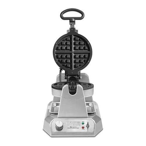  Waring Commercial WW180X Heavy Duty Single Belgian Waffle Maker, Coated Non Stick Cooking Plates, Produces 25 waffles per hour, 120V, 1200W, 5-15 Phase Plug, Silver, 12.5 x 17.88 x 10.5 inches