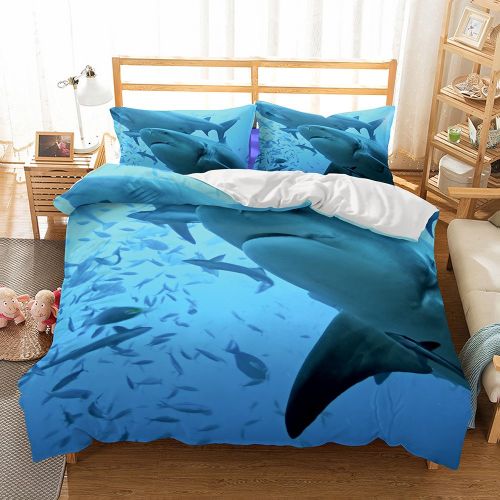  WarmGo 3D Personalized Big Ocean Shark Duvet Cover Set 2 Piece (1 Duvet Cover + 1 Pillow Sham) Twin for Kids Boys Quilt Cover Bedding Sets Blue -Hypoallergenic Microfiber