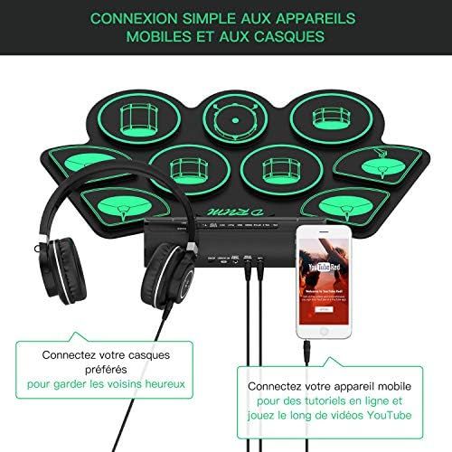  [아마존베스트]Warmfunn Electronic Drum Set 9 Pads Electric Battery with Headphone Jack Speaker and Built-in Battery Wooden Sticks and Pedals Roll Up Drum for Children Adults Christmas Birthday Tikitaka