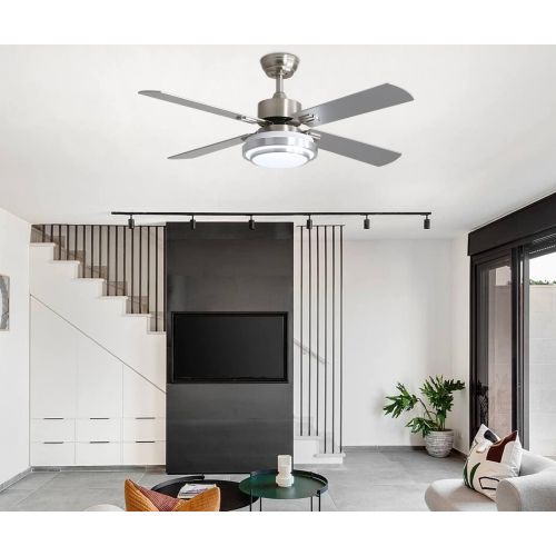  [아마존베스트]Warmiplanet 52-inch indoor ceiling fan with integrated LED lighting kit and remote control, four reversible white/silver blades, brushed nickel