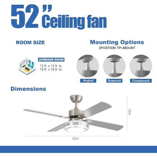  [아마존베스트]Warmiplanet 52-inch indoor ceiling fan with integrated LED lighting kit and remote control, four reversible white/silver blades, brushed nickel