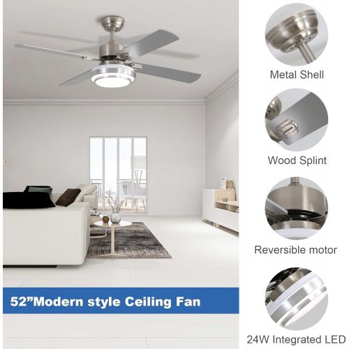  [아마존베스트]Warmiplanet 52-inch indoor ceiling fan with integrated LED lighting kit and remote control, four reversible white/silver blades, brushed nickel