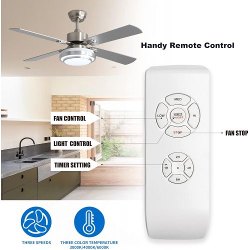  [아마존베스트]Warmiplanet 52-inch indoor ceiling fan with integrated LED lighting kit and remote control, four reversible white/silver blades, brushed nickel