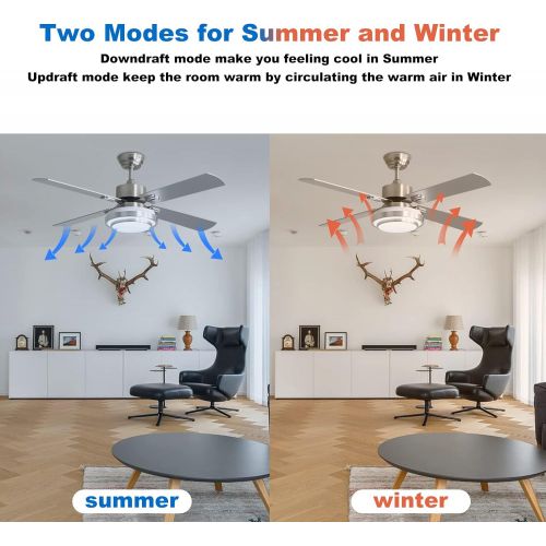  [아마존베스트]Warmiplanet 52-inch indoor ceiling fan with integrated LED lighting kit and remote control, four reversible white/silver blades, brushed nickel