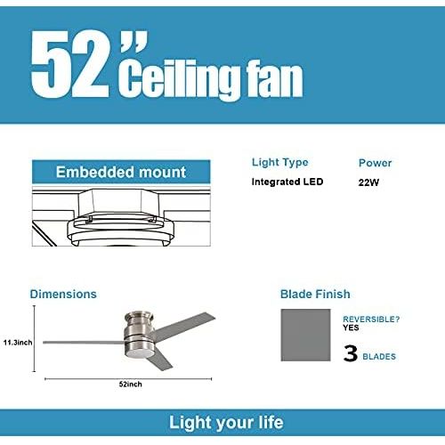  warmiplanet Flush Mount Ceiling Fan with Lights Remote Control, 52-Inch, Brushed Nickel(3-Blades)