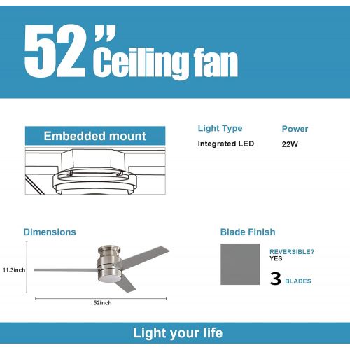  warmiplanet Flush Mount Ceiling Fan with Lights Remote Control, 52-Inch, Brushed Nickel(3-Blades)