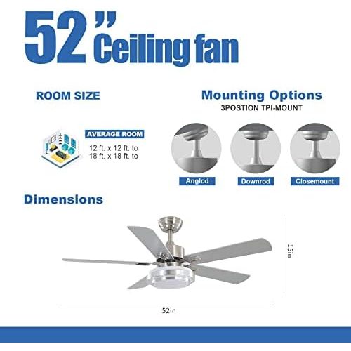  warmiplanet Ceiling Fan with Lights Remote Control, 52 Inch, Brushed Nickel (5-Blades)