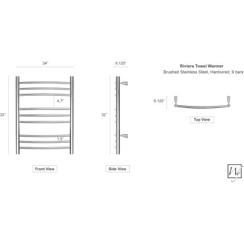  WarmlyYours Riviera Towel Warmer, 9 bar, Brushed Stainless Steel