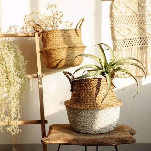  WarmShine White Seagrass Wicker Basket Flower Pot Folding Basket Plant Basket for Storage, Laundry, Picnic,Plant Pot Cover, 6.3x5.9inch(DxH)