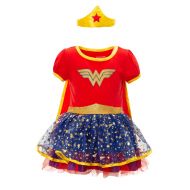 Warner Bros Wonder Woman Girls Costume Dress with Gold Tiara Headband and Cape, Red